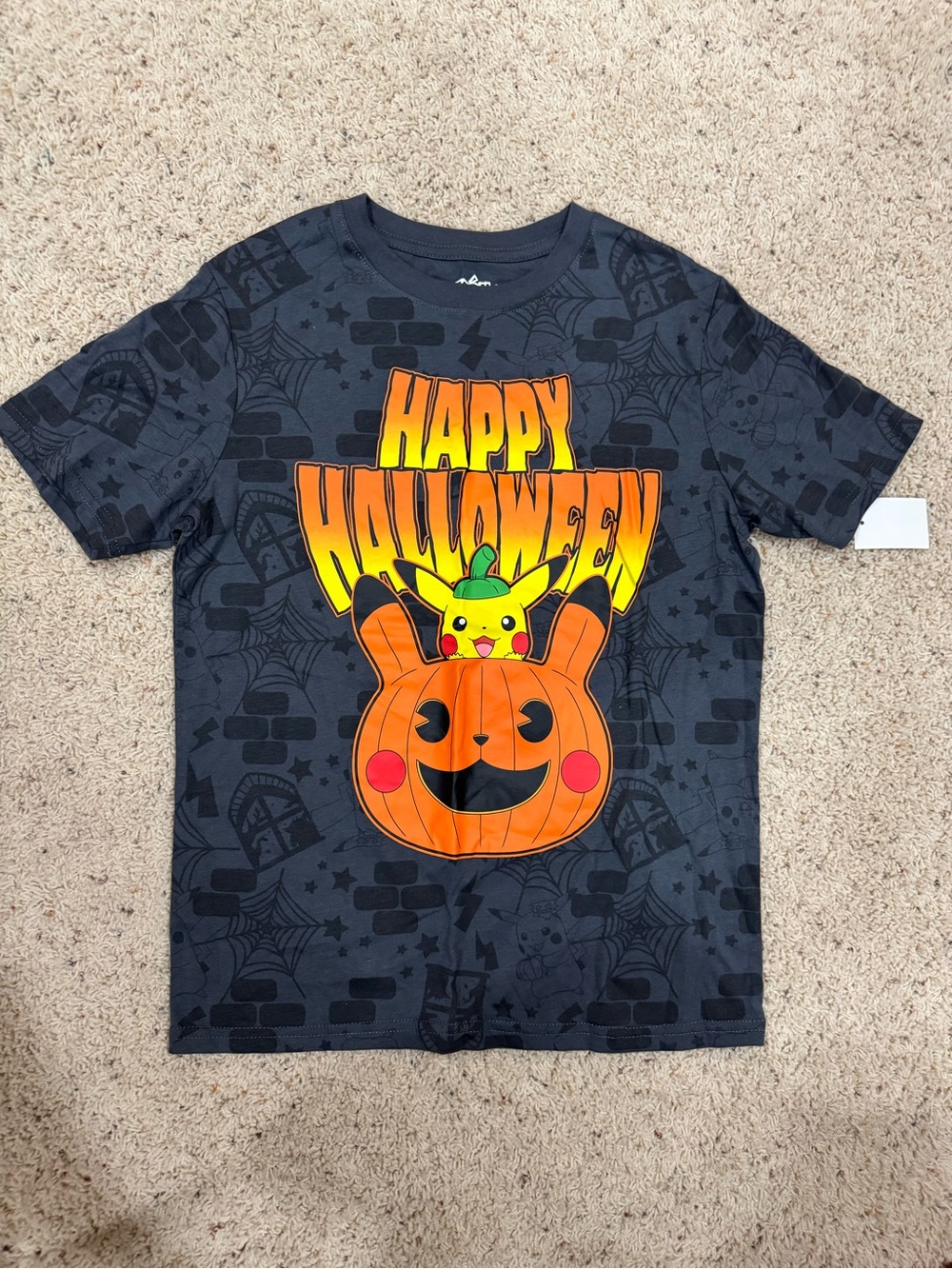 Pokemon Black Tee with Orange Pumpkin and Yellow Pikachu
